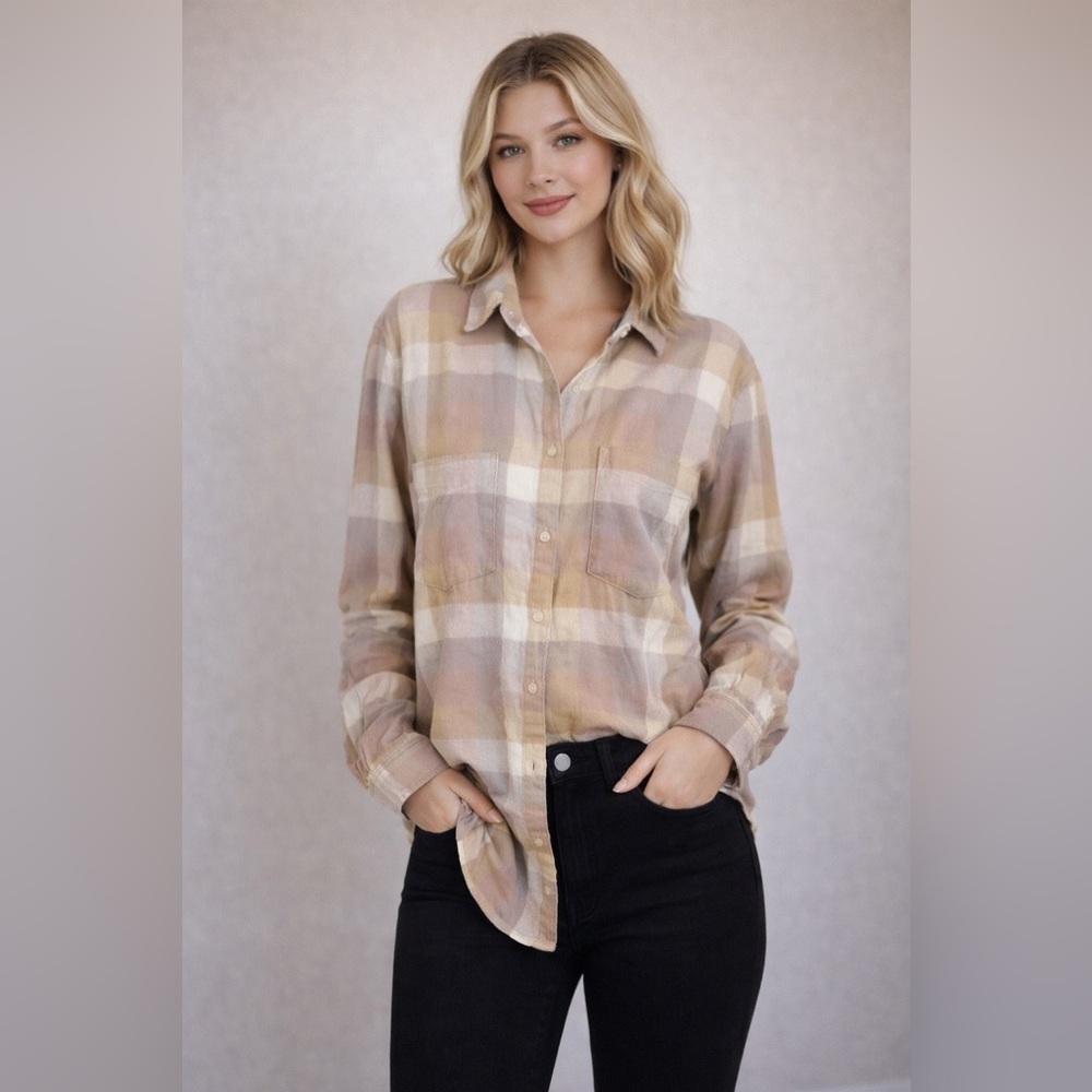 Altar'd State Beige and Brown Plaid Button-Down Shirt